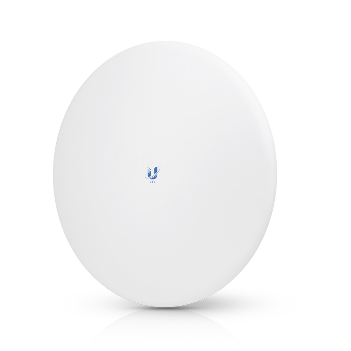 Białe, okrągłe urządzenie z logo 'U', na białym tle. Widok z góry.