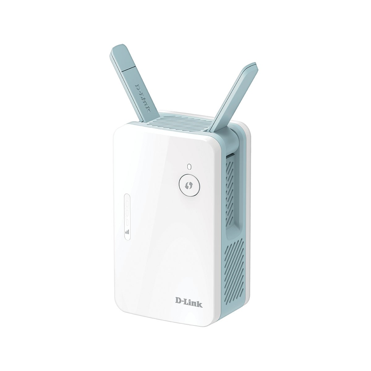 White and blue D-Link range extender with antennas, isolated on white background.