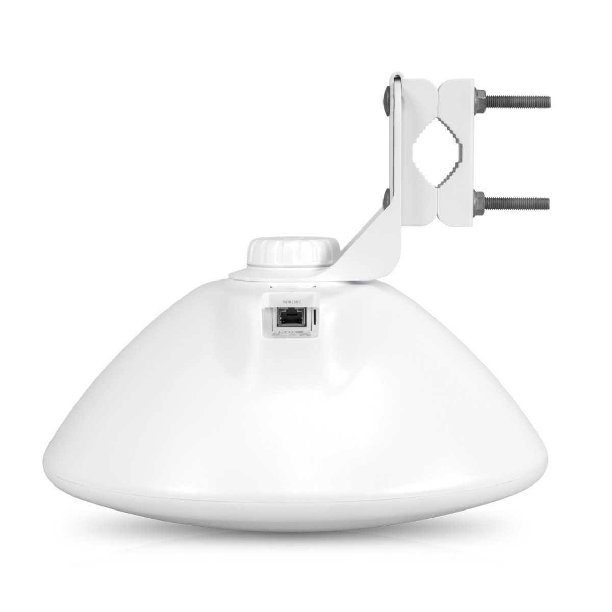 Biała antena z uchwytem montażowym i portem połączeniowym. Jest na białym tle.