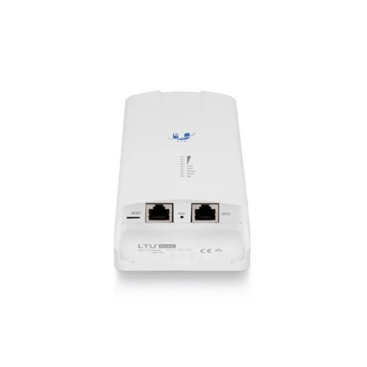 Dispositivo rectangular blanco con dos puertos etiquetados MGMT y DATA, y el logotipo LTU.