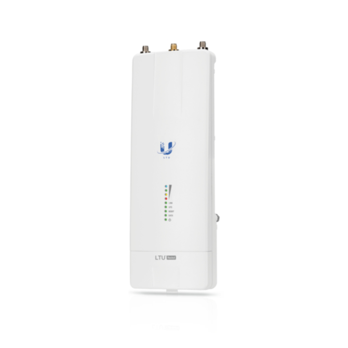 Dispositivo rectangular blanco con antenas. Tiene luces indicadoras y la etiqueta 'LTU'. Tres antenas en la parte superior.
