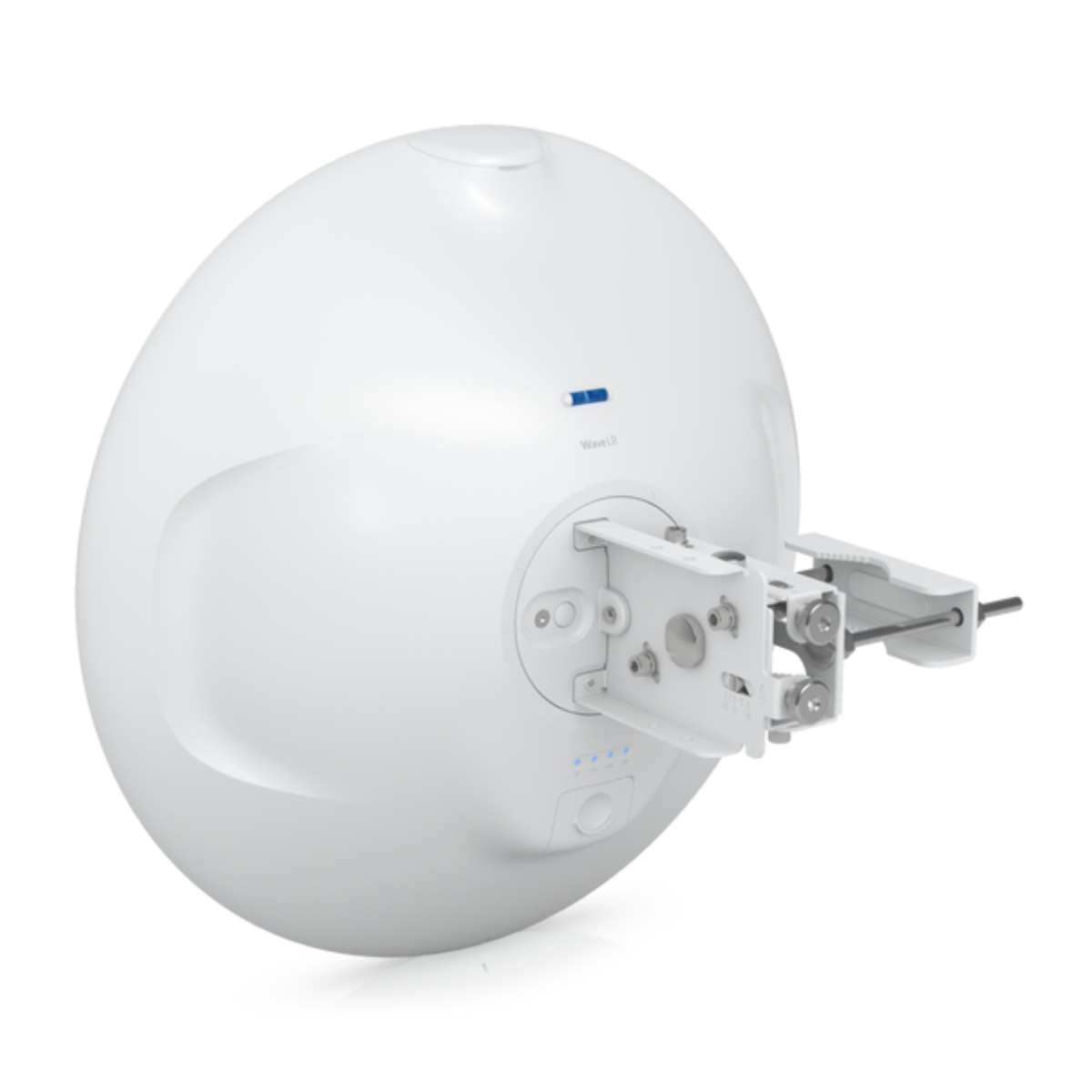 Antena blanca y redonda con soporte de montaje e indicadores luminosos sobre fondo blanco.