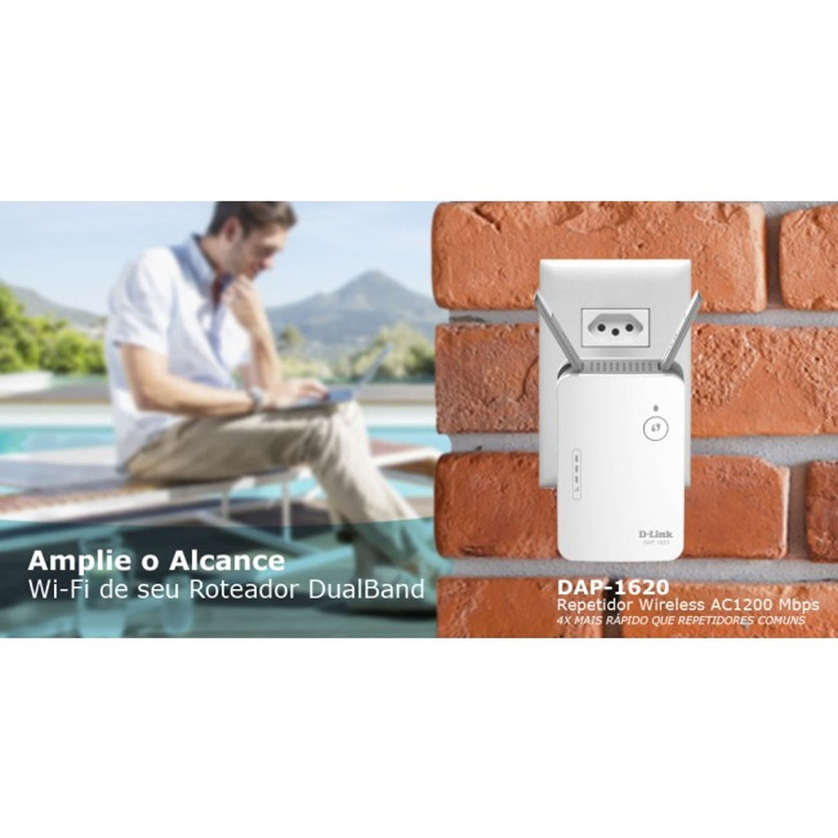 Mężczyzna używa laptopa przy basenie. Ściana z repeaterem D-Link, nakładki tekstowe w języku portugalskim.