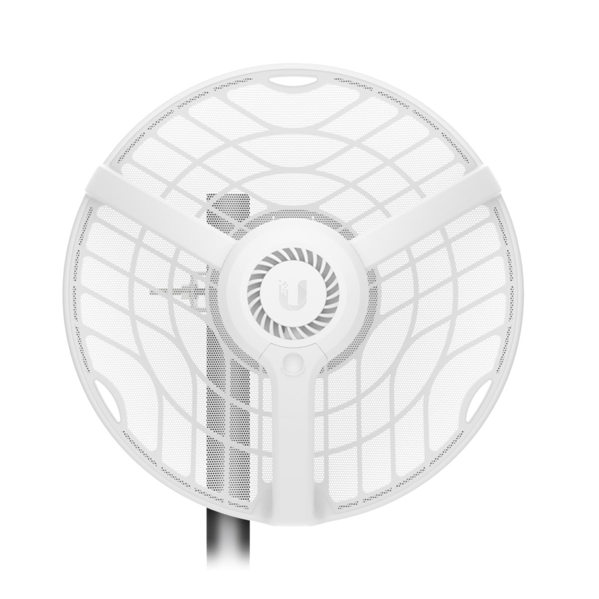 Antenna circolare bianca con un design a rete. Sfondo bianco.