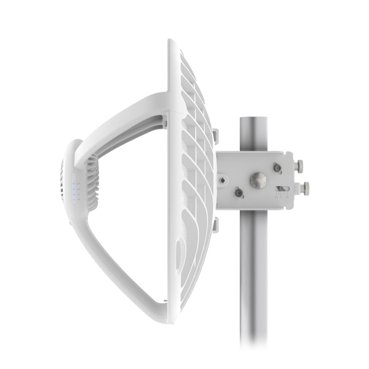 Antenna bianca con struttura a griglia e hardware di montaggio, vista laterale, isolata su bianco.