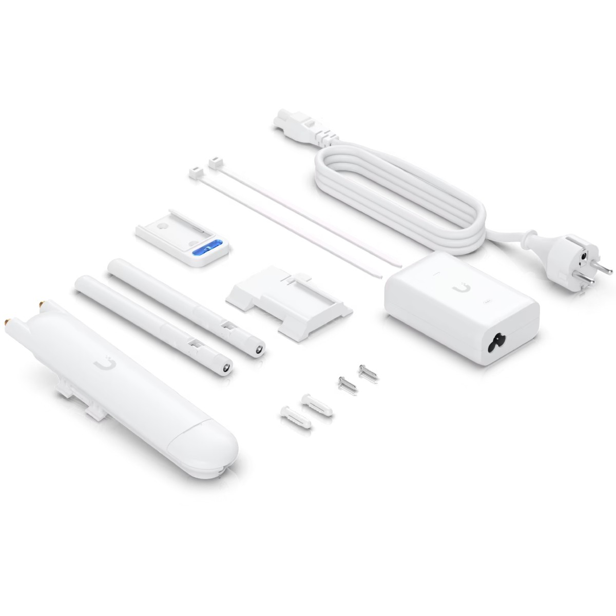 Białe komponenty urządzeń elektronicznych. Zawiera przewód zasilający, wsporniki montażowe, anteny i śruby.