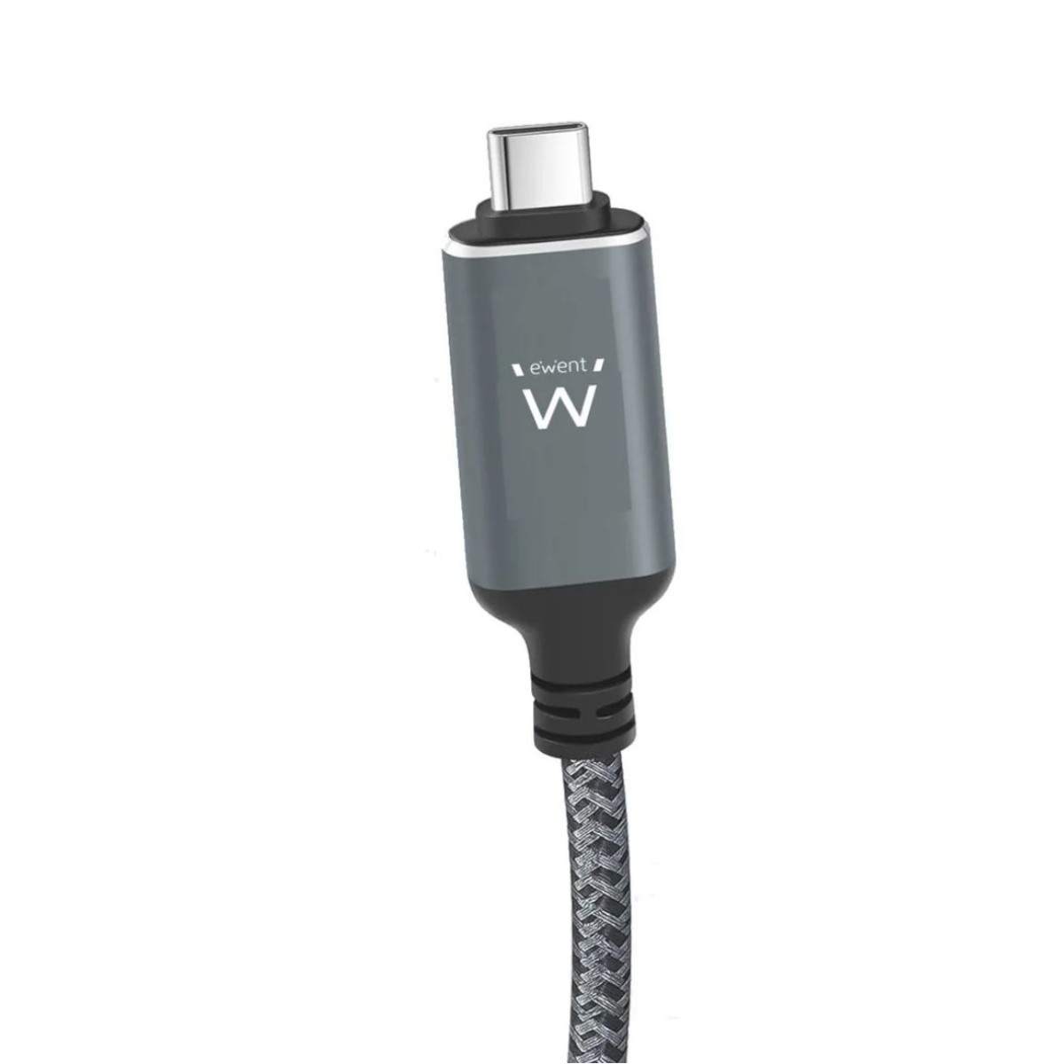 Cavo USB-C grigio e nero con cavo strutturato. Sfondo bianco.
