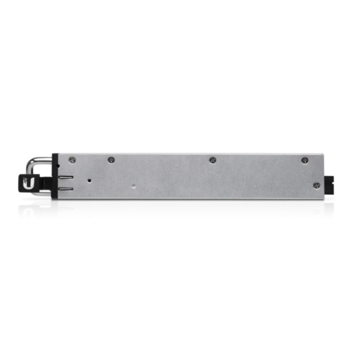 Dispositivo rectangular plateado con orificios para tornillos. Fondo blanco.