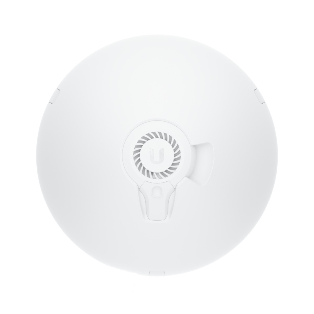 Dispositivo circolare bianco con logo. Sfondo bianco.
