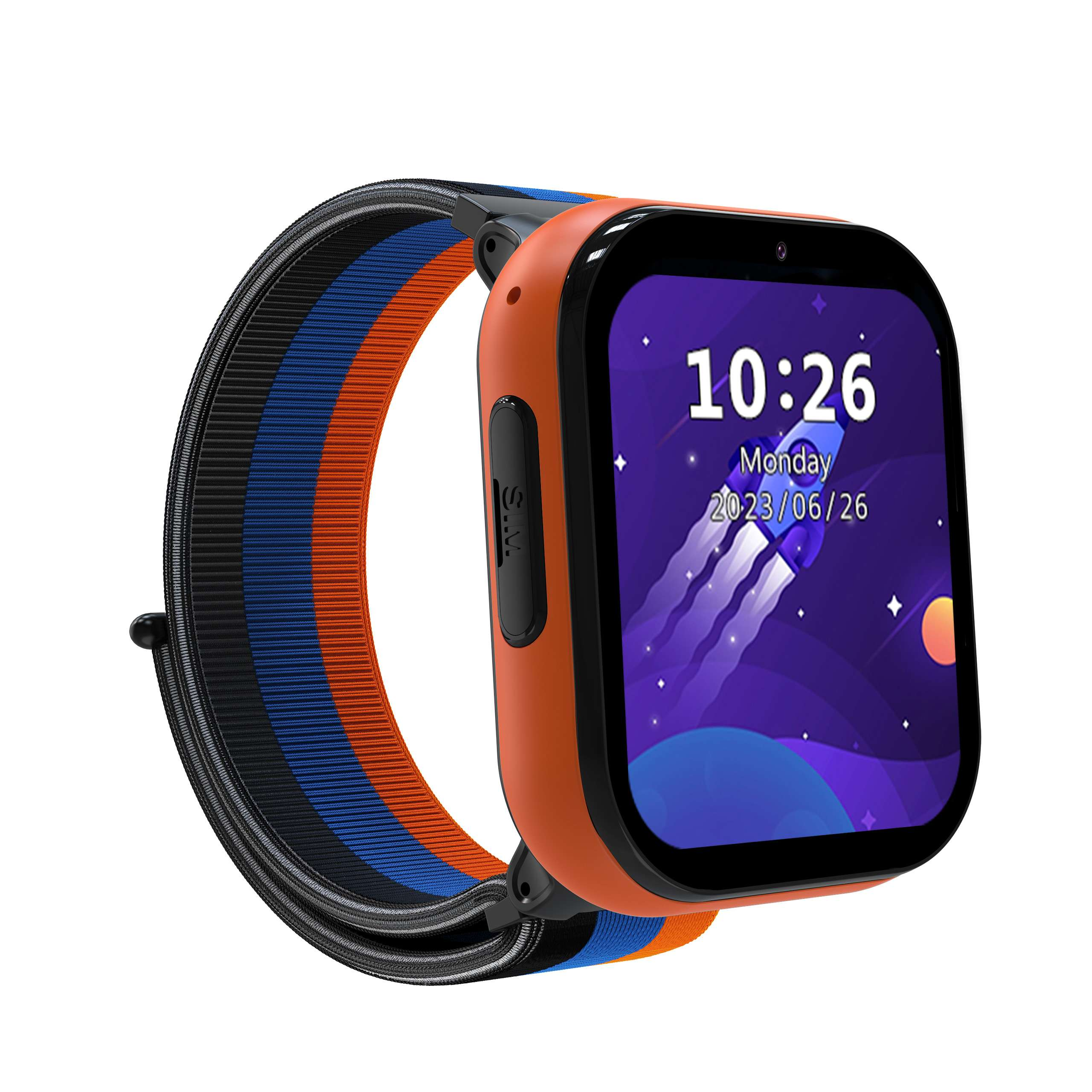 Pomarańczowy smartwatch z ekranem pokazującym rakietę i pomarańczowym, niebieskim i czarnym paskiem.