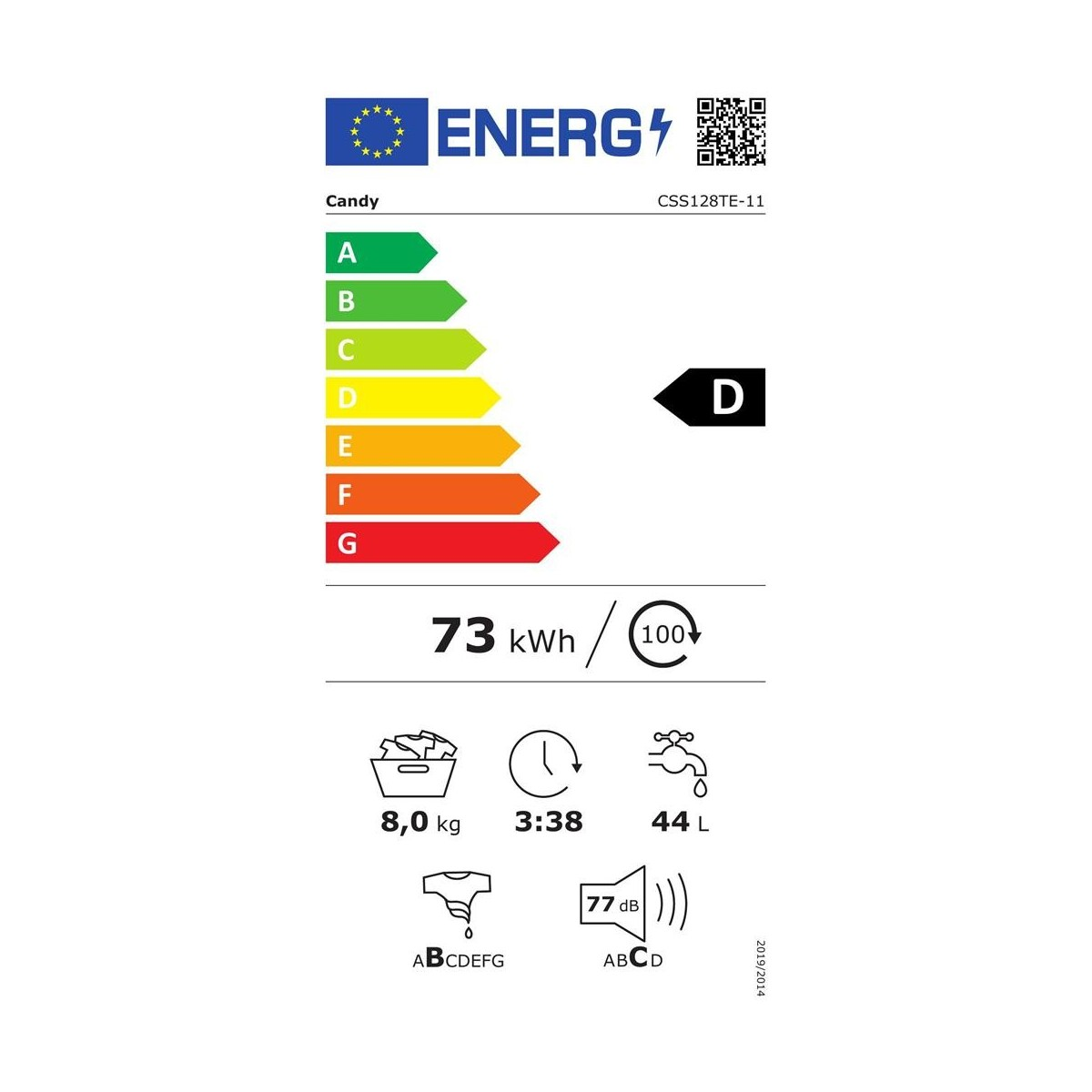 Etichetta energetica per lavatrice Candy. Mostra efficienza, consumo di acqua/energia e livello di rumore.