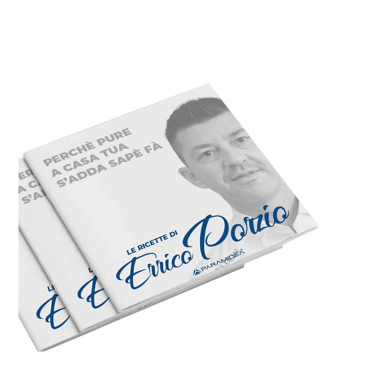 Tre libri con la faccia di un uomo sulla copertina. Il titolo dice 'Le ricette di Errico Porzio' in blu.
