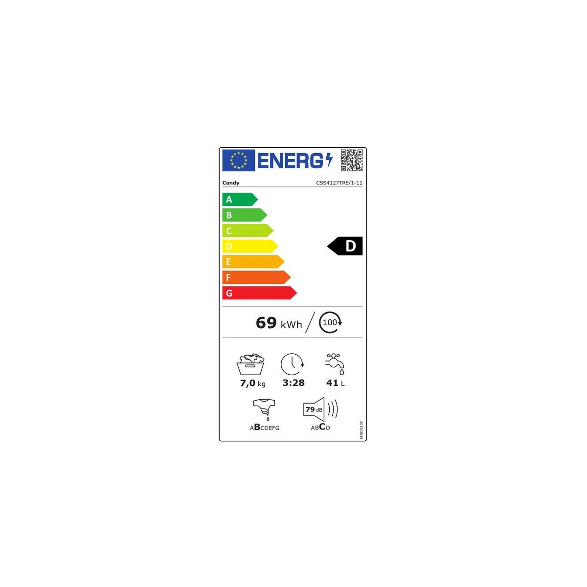 Etichetta energetica per una lavatrice Candy. Mostra dettagli sull'efficienza energetica e specifiche tecniche.