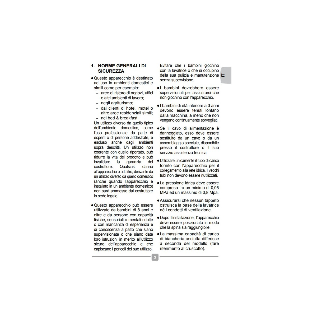 Un documento con testo italiano sulle norme generali di sicurezza per gli elettrodomestici.