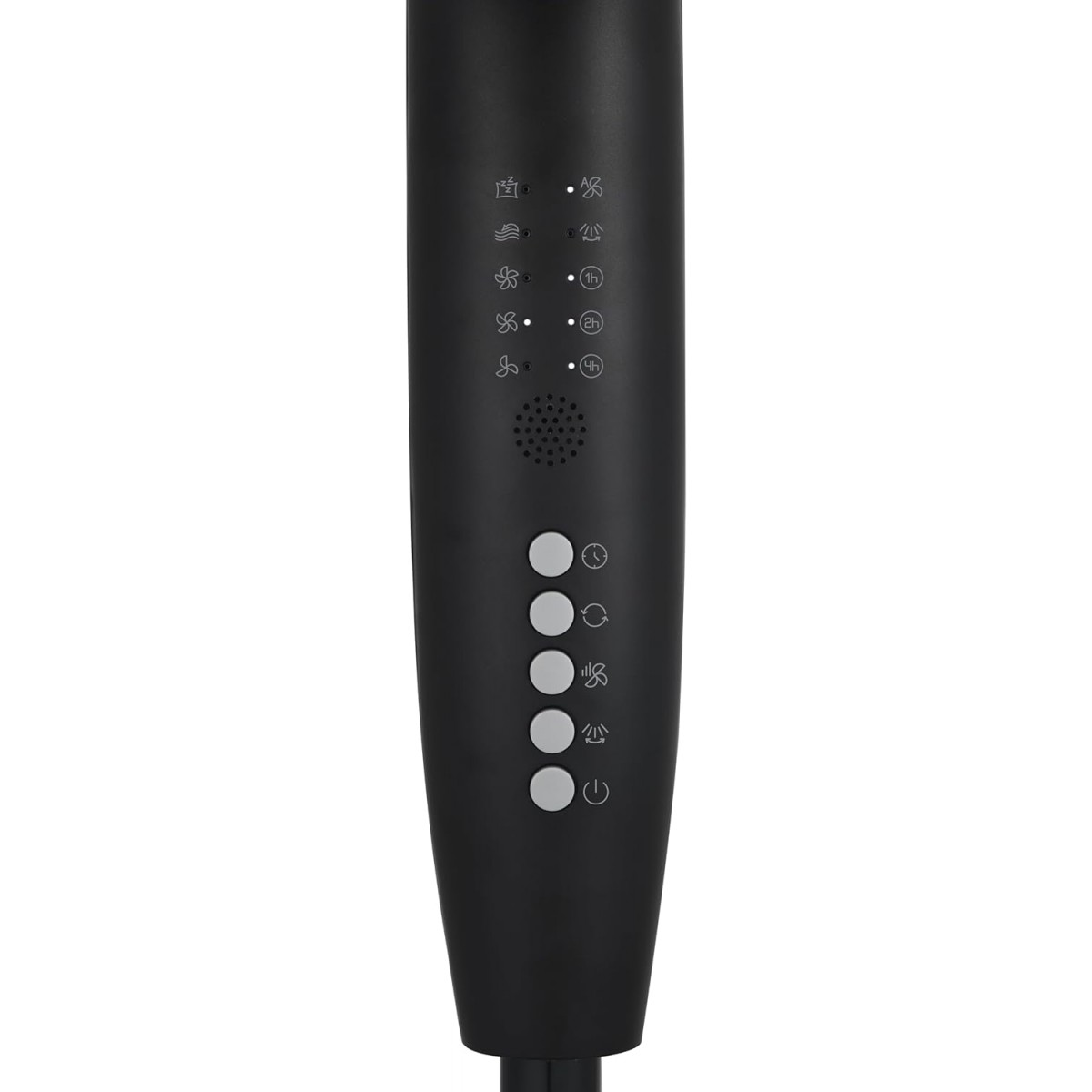 Control panel of a black standing fan. It has buttons for speed, timer, and power.