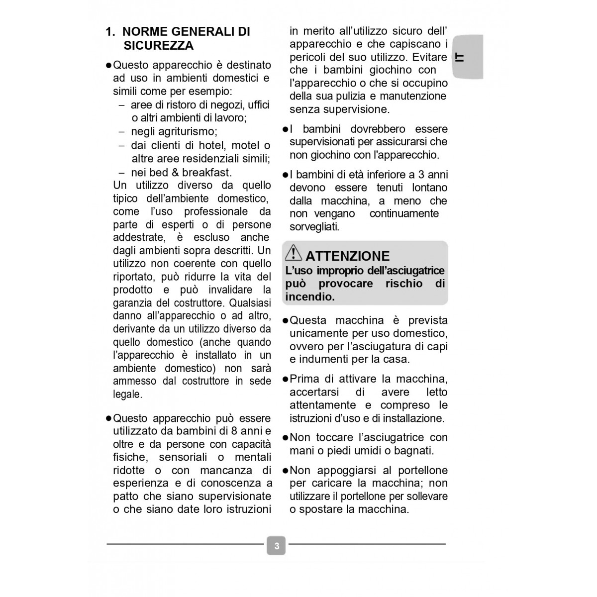 L'immagine mostra una pagina con testo italiano e informazioni di sicurezza sull'uso di un apparecchio.