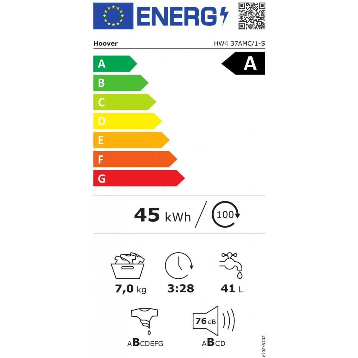Etichetta energetica per una lavatrice Hoover. Dettagli sull'efficienza energetica e specifiche.
