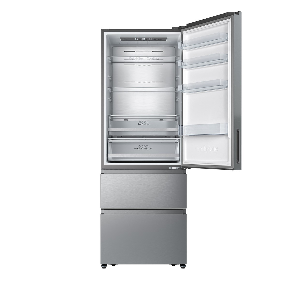 Un refrigerador de acero inoxidable con la puerta abierta, revelando estantes y cajones.