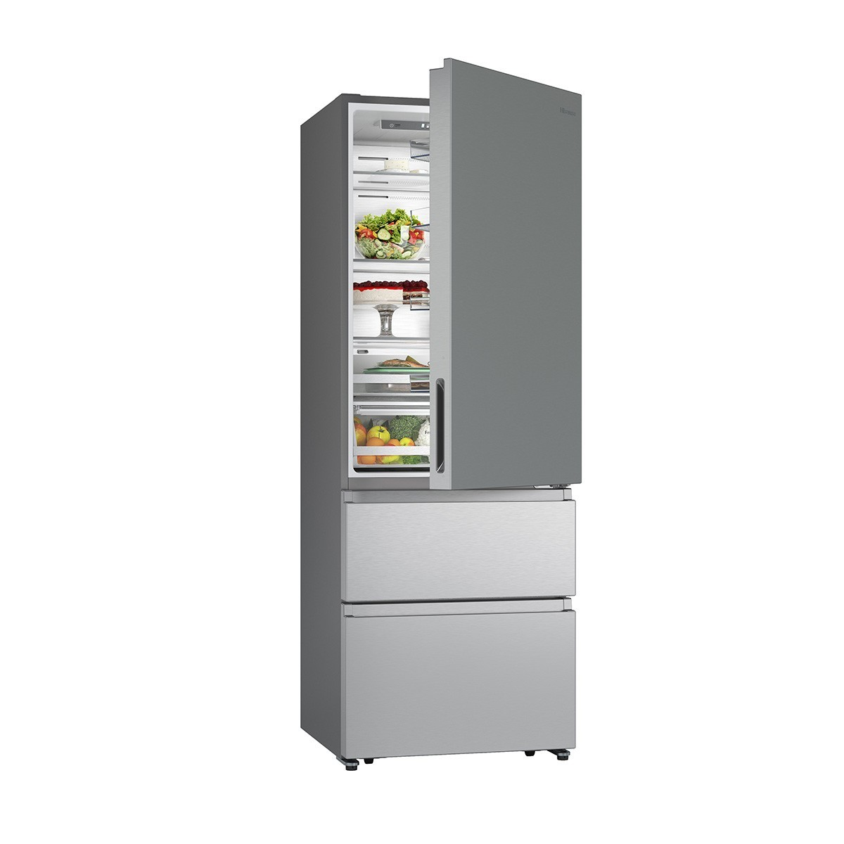Refrigerador con puertas abiertas, mostrando alimentos dentro, incluyendo ensaladas y verduras.