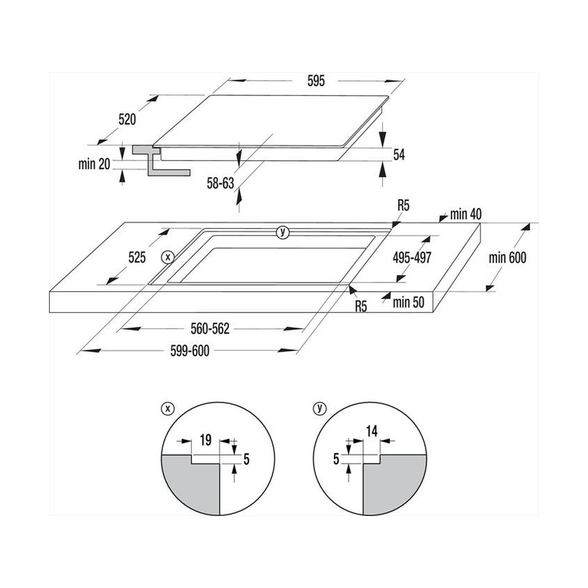 Rysunek techniczny płyty grzewczej z wymiarami i szczegółami. Pokazano widoki z góry i z boku.