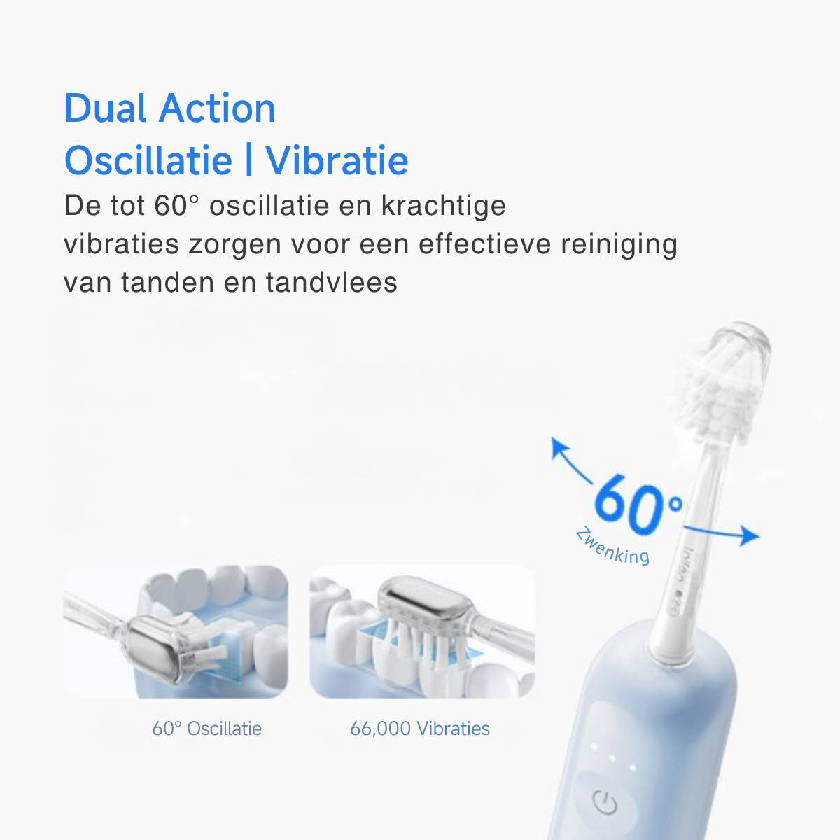 Elektryczna szczoteczka do zębów z niebieskim uchwytem, białym włosiem i strzałką wskazującą kąt 60 stopni.