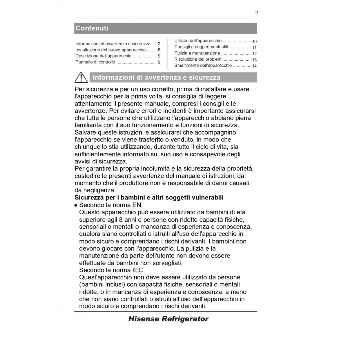 Documento italiano con istruzioni di sicurezza, avvertenze e informazioni sul frigorifero.