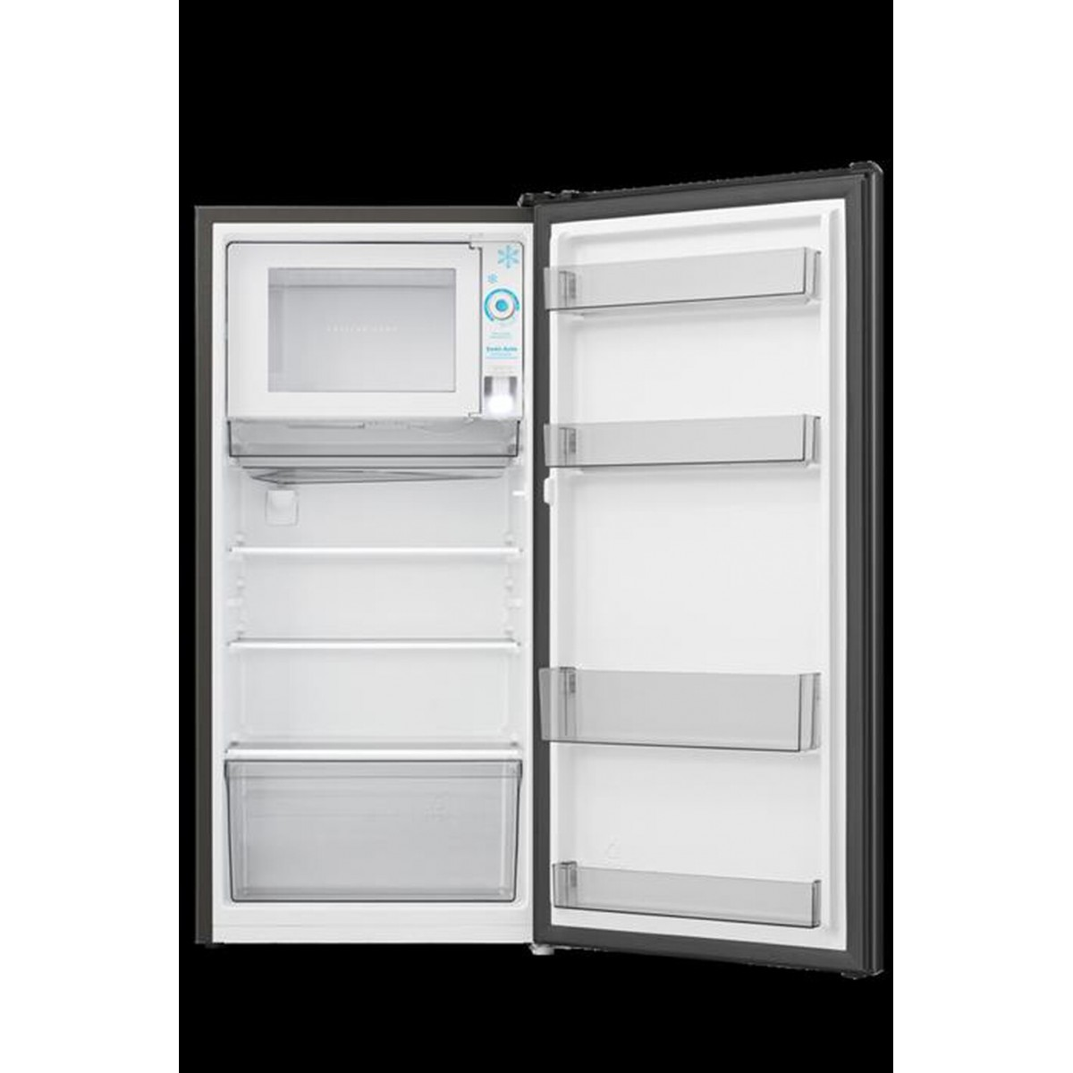 Un piccolo frigorifero aperto con interno bianco e ripiani trasparenti.