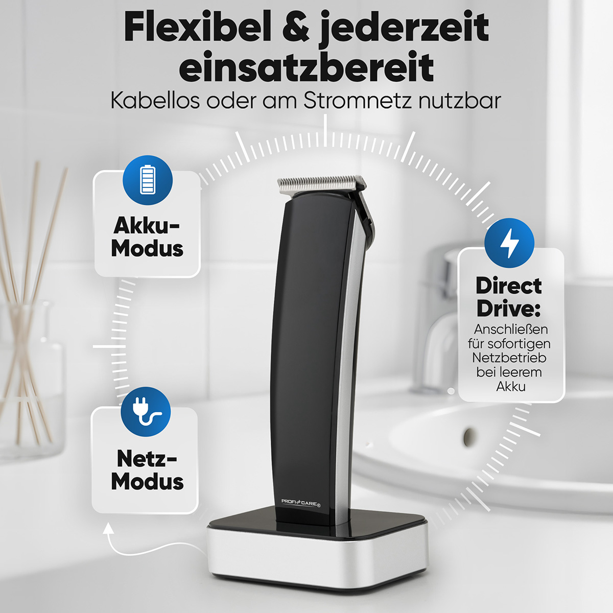 Czarna i srebrna maszynka do włosów na stojaku ze wskaźnikami trybu baterii, kabla i napędu bezpośredniego.