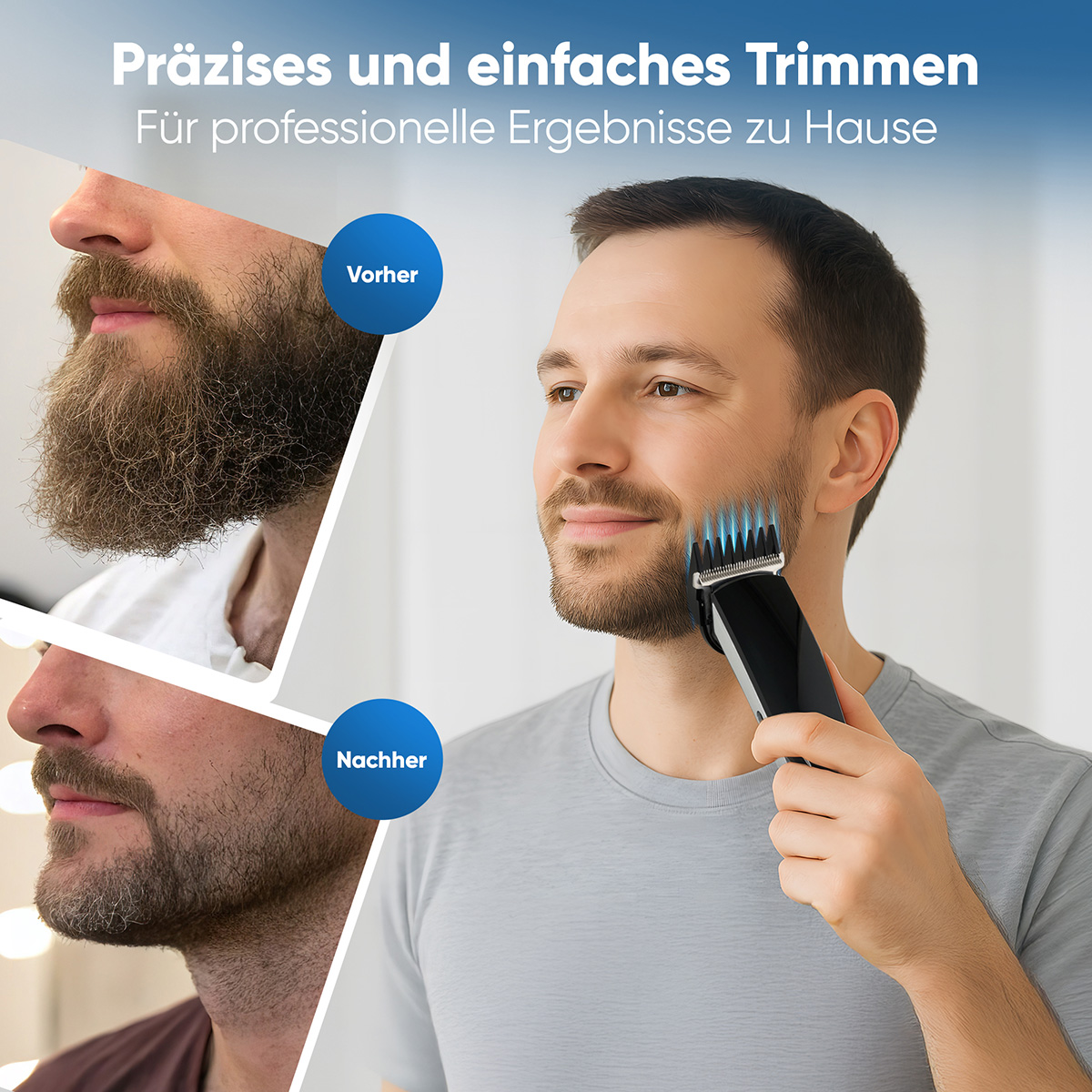 Mężczyzna używający trymera do brody. Pokazuje wyniki przed i po. Tekst w języku niemieckim.