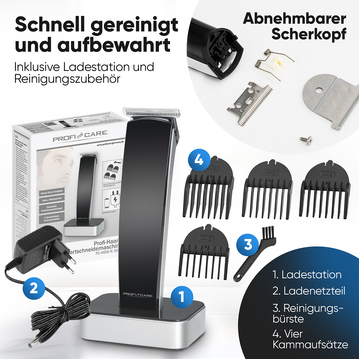 Czarny zestaw do strzyżenia włosów z akcesoriami, stacją ładującą i zasilaczem.