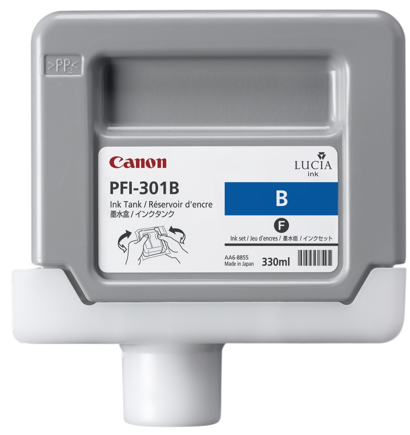 Una cartuccia d'inchiostro Canon PFI-301B in un supporto grigio e bianco, con un indicatore di inchiostro blu.