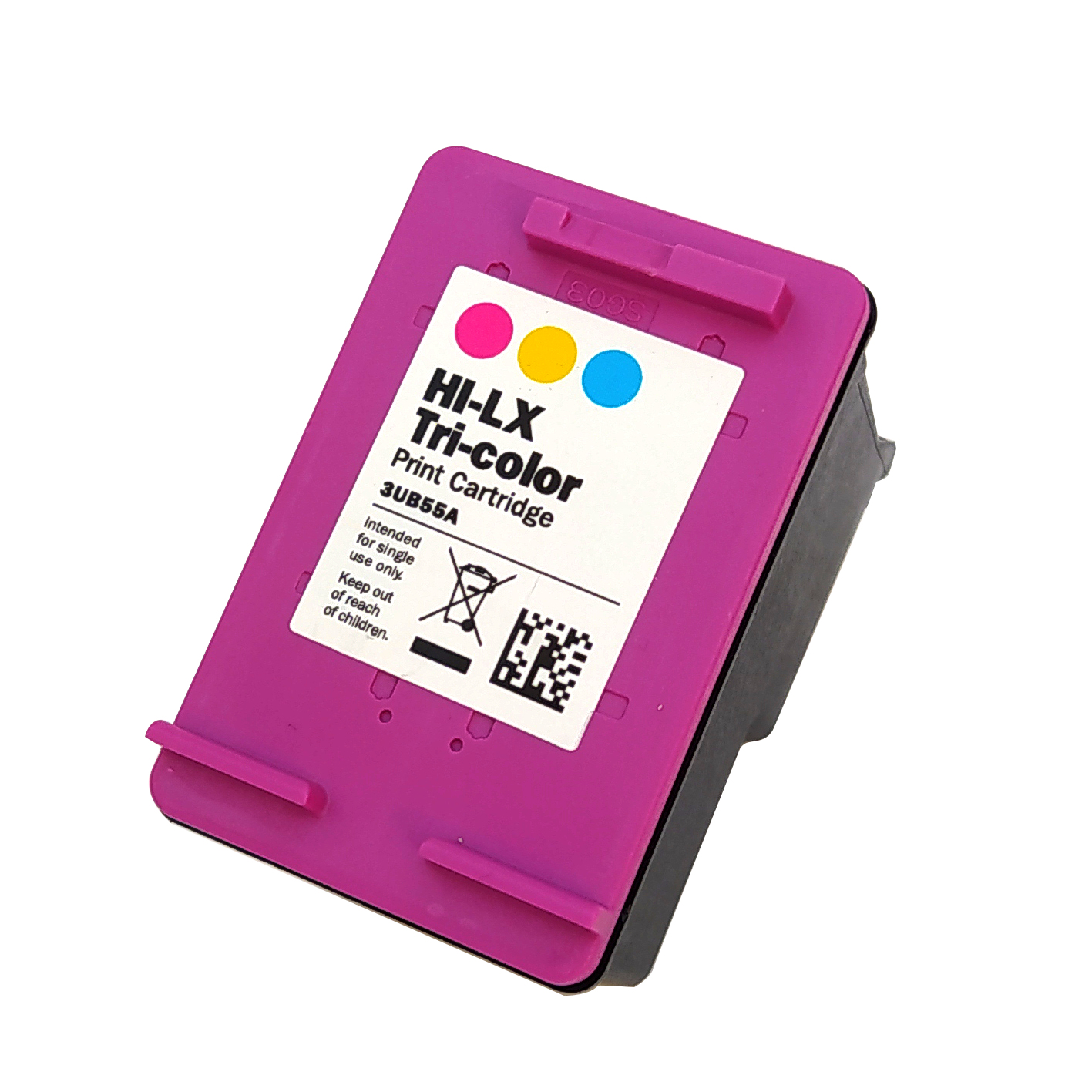 Cartuccia d'inchiostro tricolore con magenta, giallo e ciano, con avvertenze di sicurezza.