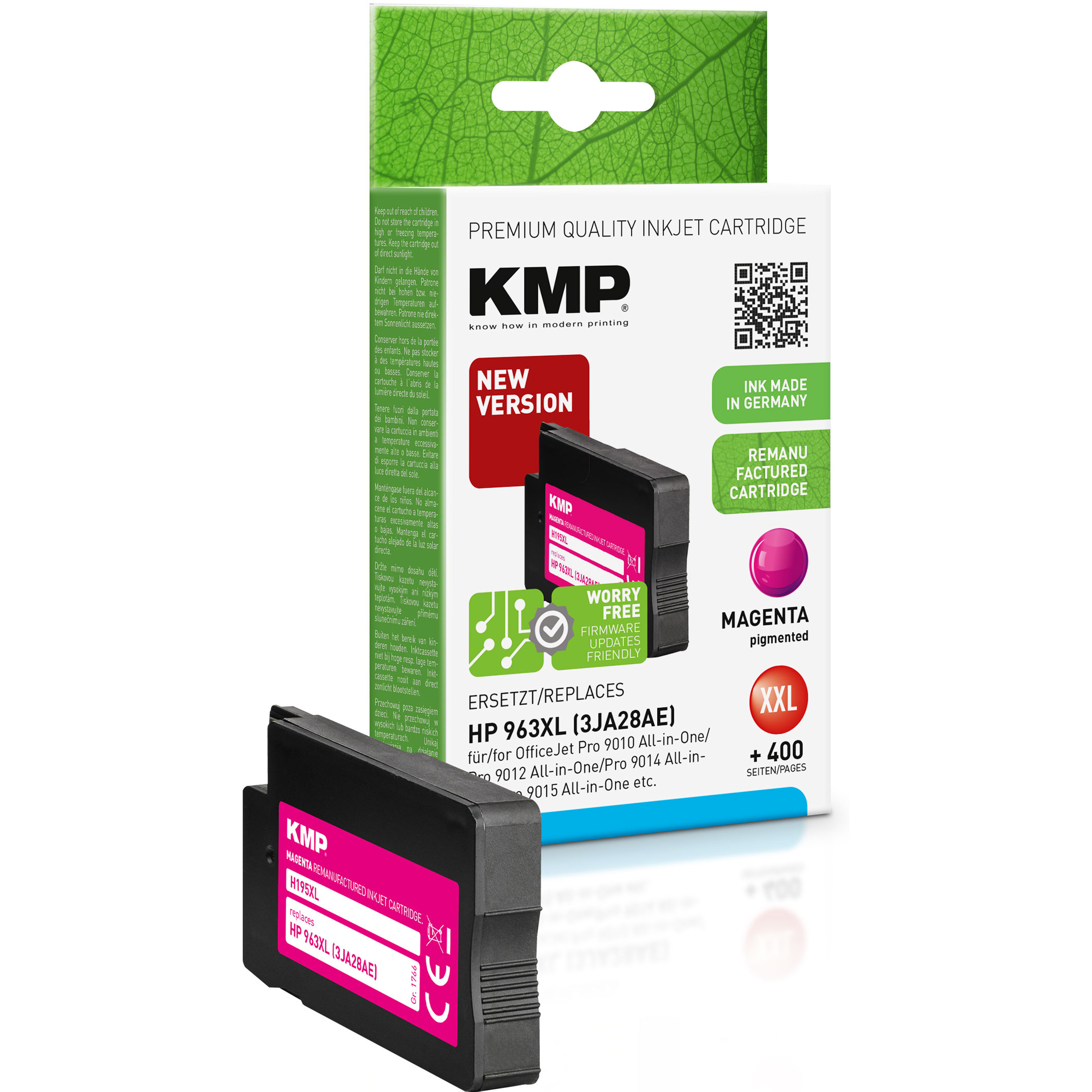 Confezione di cartuccia a getto d'inchiostro KMP, inchiostro magenta, con dettagli del prodotto e un codice QR.