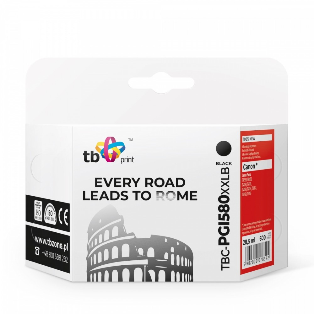 Cartuccia d'inchiostro Canon nera. Il testo recita 'Every road leads to Rome' e 'TBC-PGI580XXLB'.