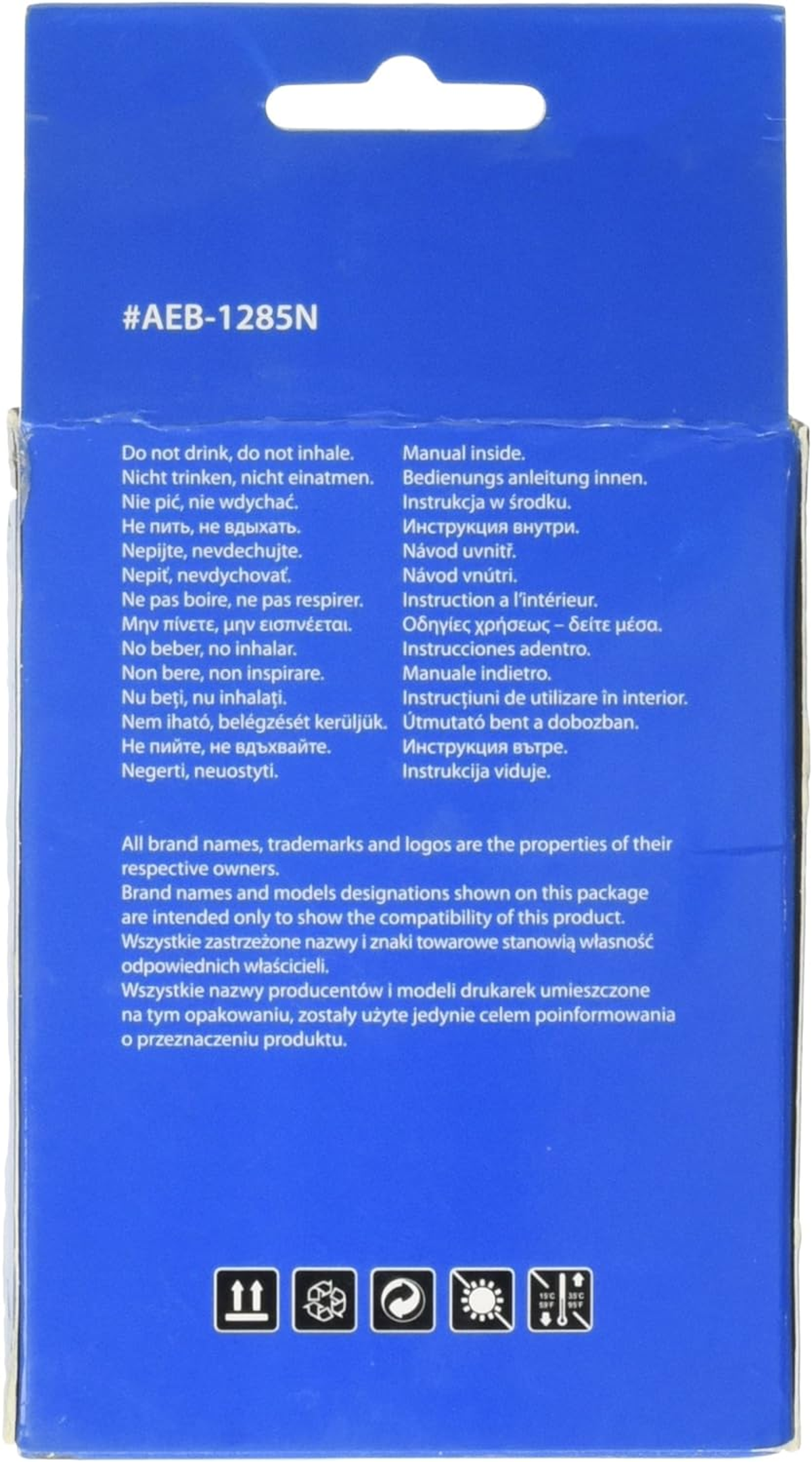 Tył pudełka z kartridżami z ostrzeżeniami i instrukcjami w wielu językach.