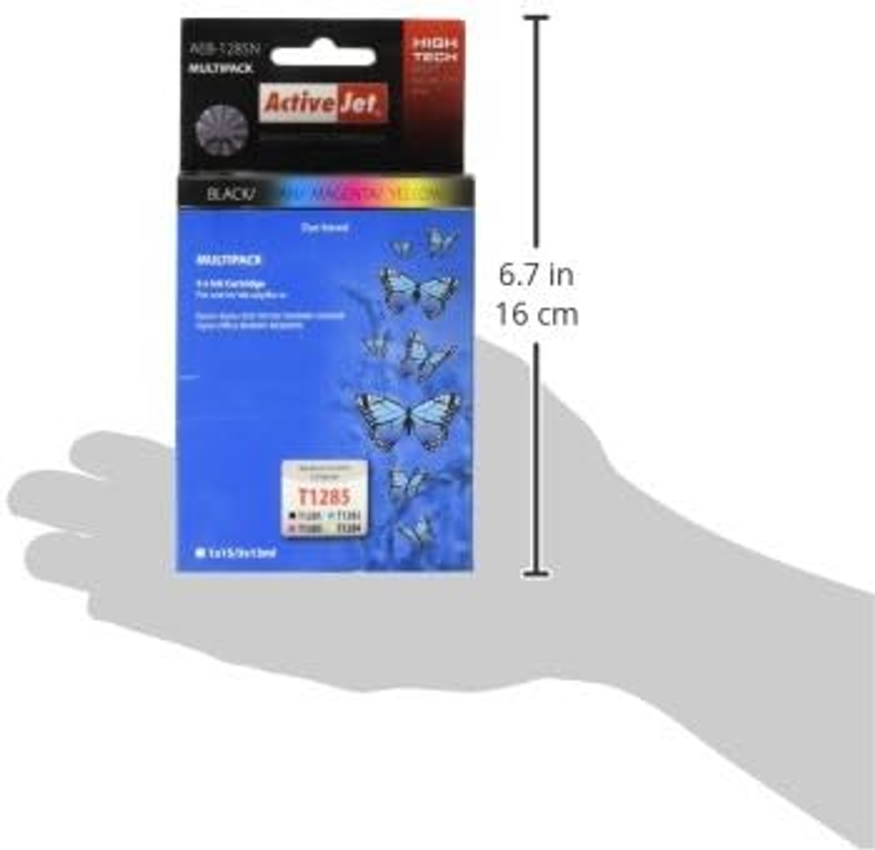 Dłoń trzyma zestaw kartridży. Niebieskie pudełko z motylami, czarne, magenta, żółte kartridże.