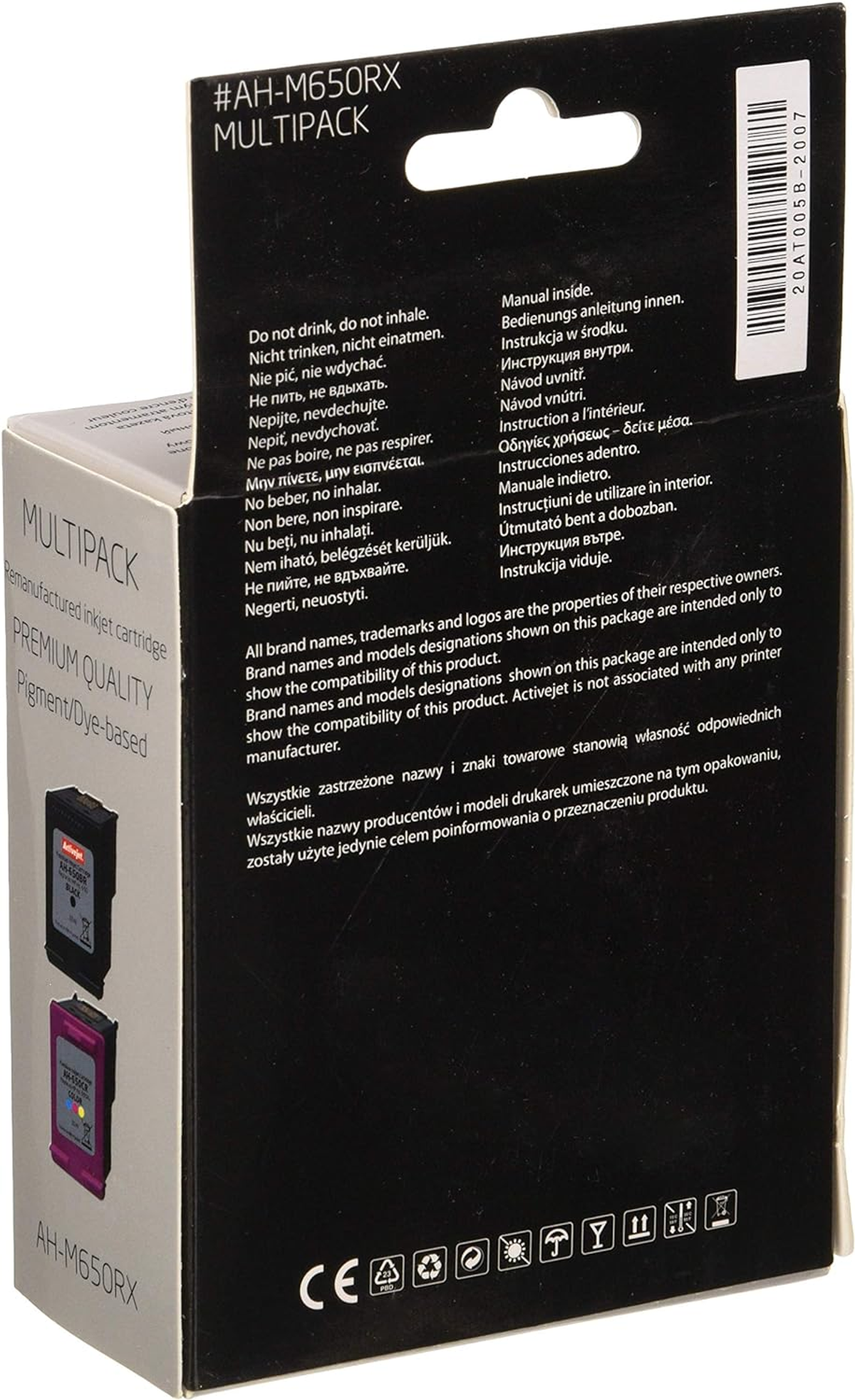 Tył pudełka po kartridżach. Ostrzeżenia i instrukcje na pudełku w wielu językach.