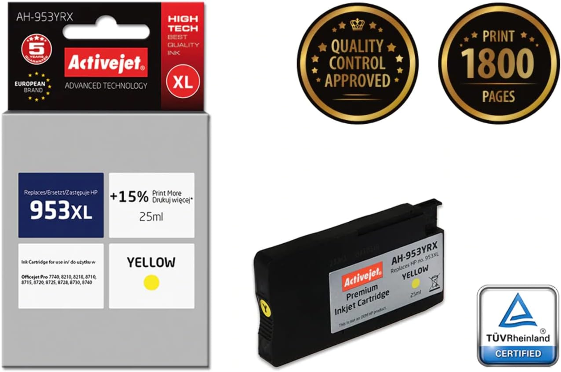 Żółty wkład atramentowy Activejet 953XL i pudełko. Zawiera żółty tusz, certyfikowany złotymi pieczęciami.