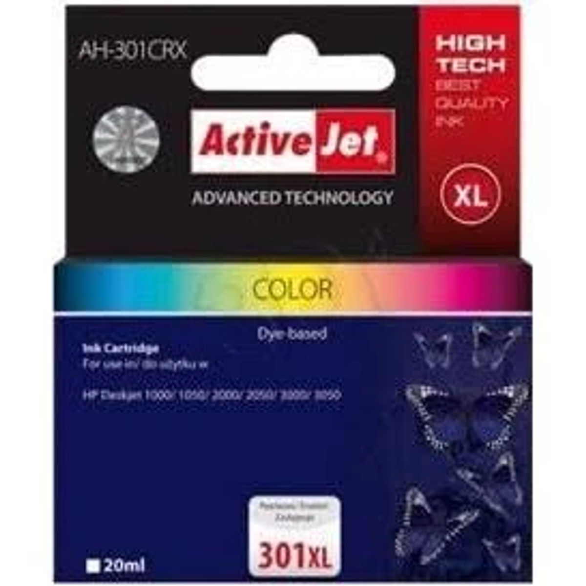 Pudełko z wkładem atramentowym Active Jet color. Pudełko ma paski kolorów, motyle i tekst 'COLOR'.