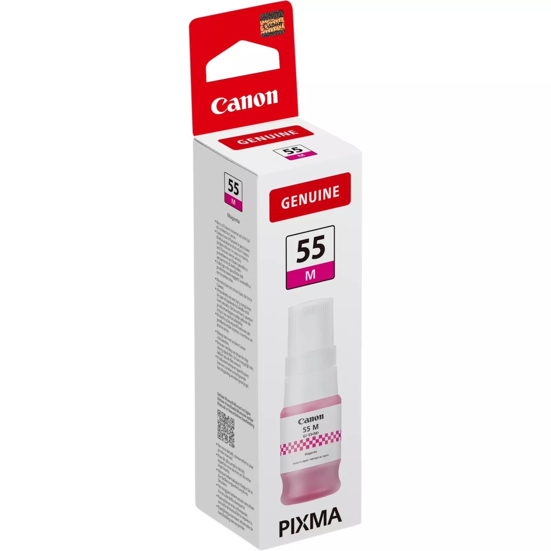 Butelka z magenta tuszem Canon 55 M w biało-różowym pudełku.