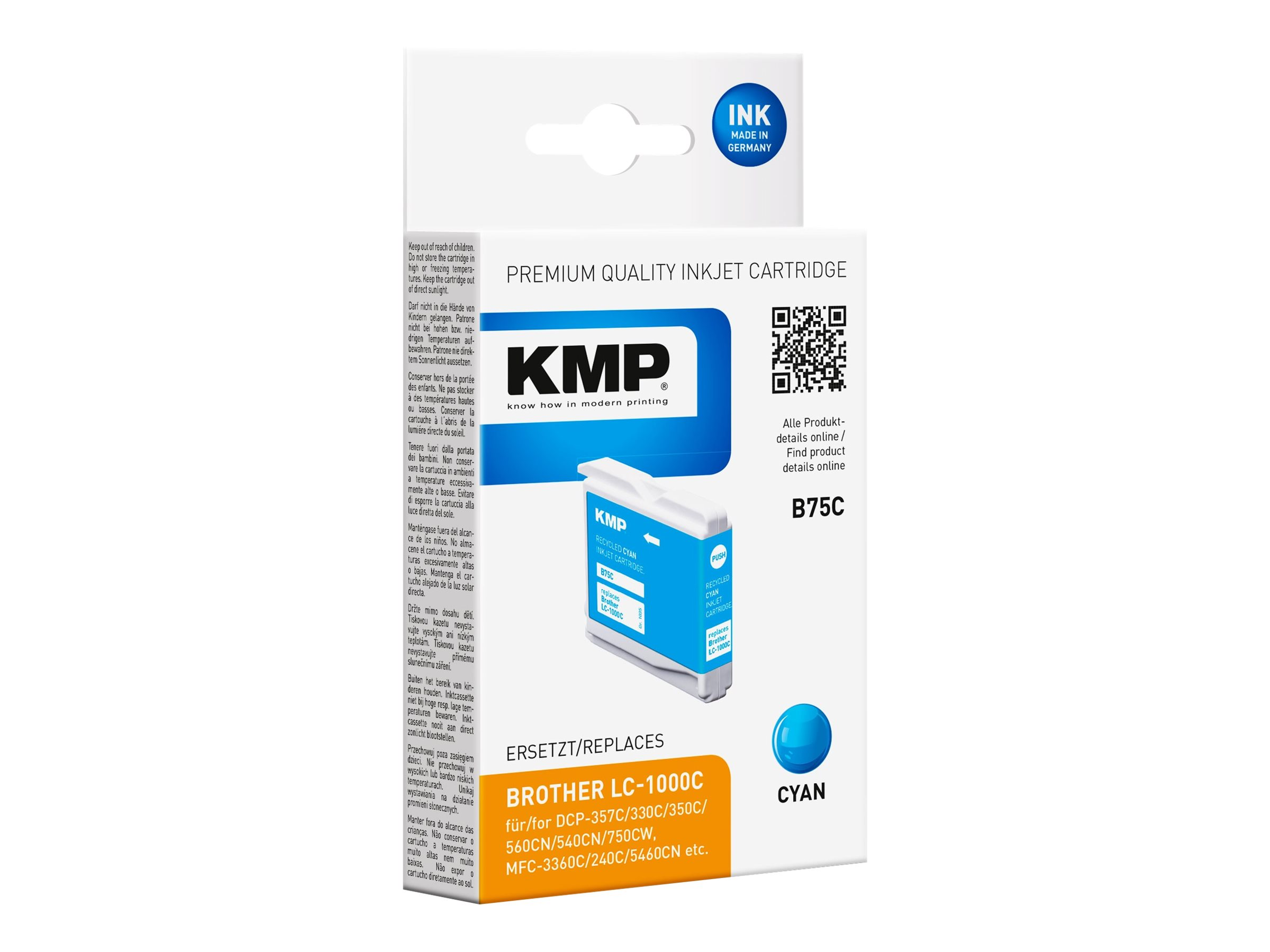 Cartuccia d'inchiostro ciano in confezione KMP, con inchiostro ciano e informazioni sulla scatola.