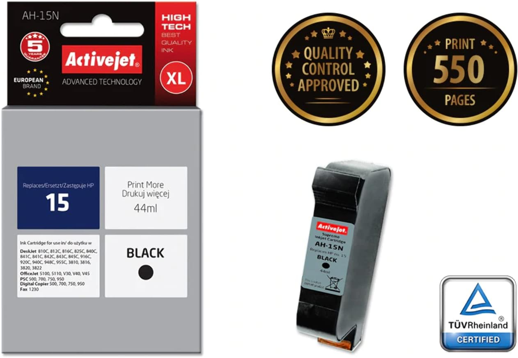 Pudełko z wkładem atramentowym Activejet i wkład atramentowy. Pudełko ma napis 'BLACK' i wkład.