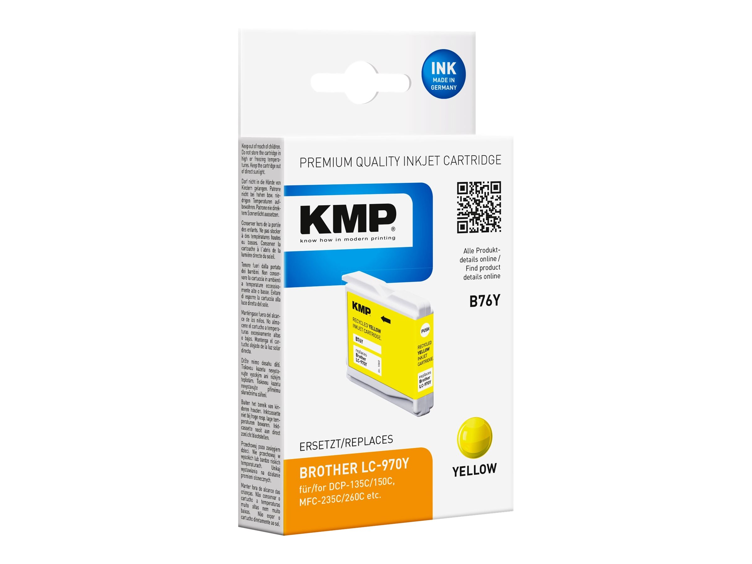 Scatola di cartucce d'inchiostro giallo KMP. Contiene una cartuccia d'inchiostro giallo. La scatola ha il testo 'YELLOW'.