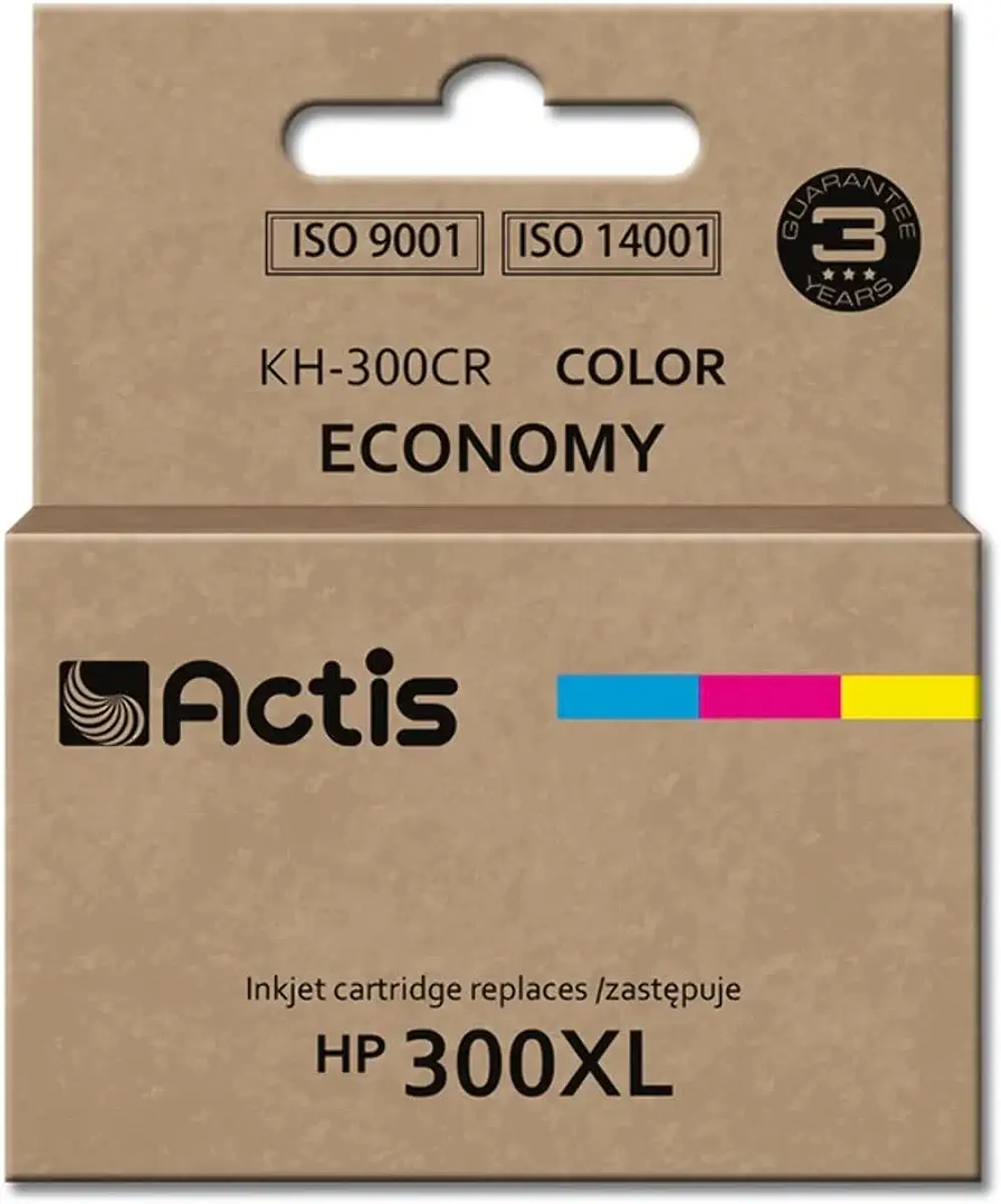 Wkład atramentowy Actis Economy Color do HP 300XL. Brązowe pudełko z paskami kolorów i etykietami jakości.
