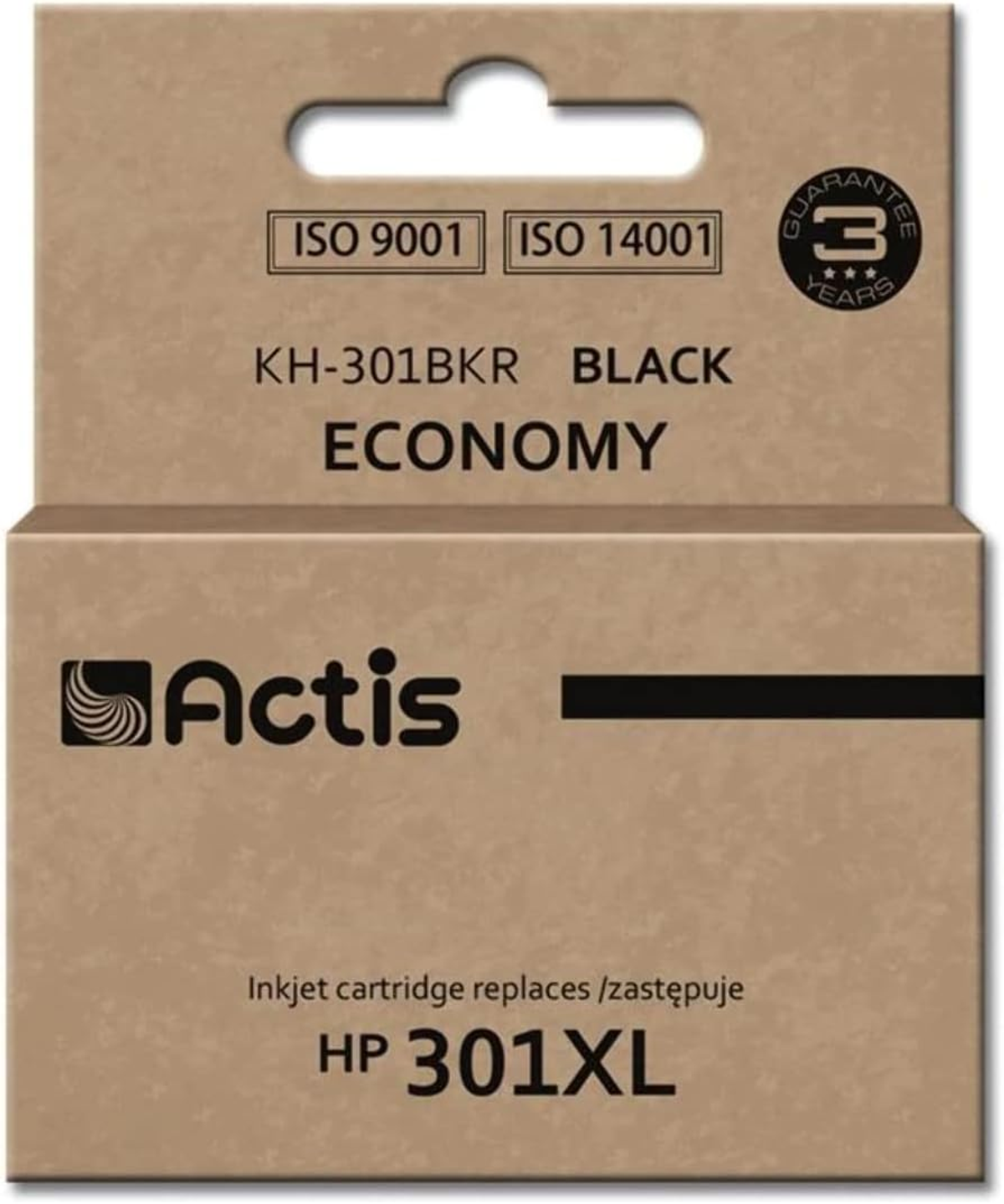 Wkład atramentowy Actis Economy Black do HP 301XL. Brązowe pudełko z etykietami jakości.
