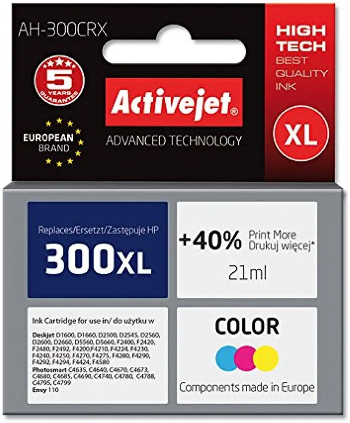 Pudełko z wkładami Activejet. XL, 300XL, tusz kolorowy. Białe tło.