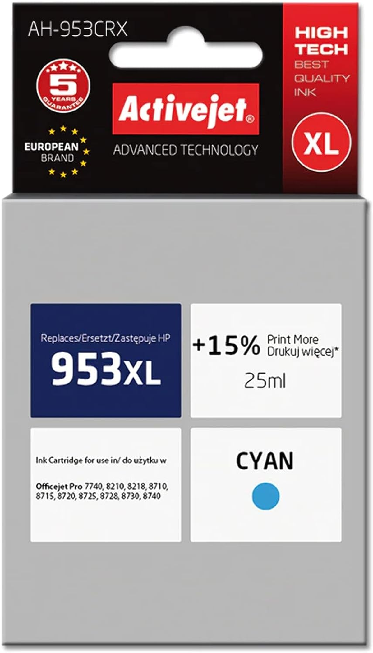 Wkład atramentowy Activejet. Cyjan, 953XL, 25ml. High tech, najlepsza jakość. Europejska marka.