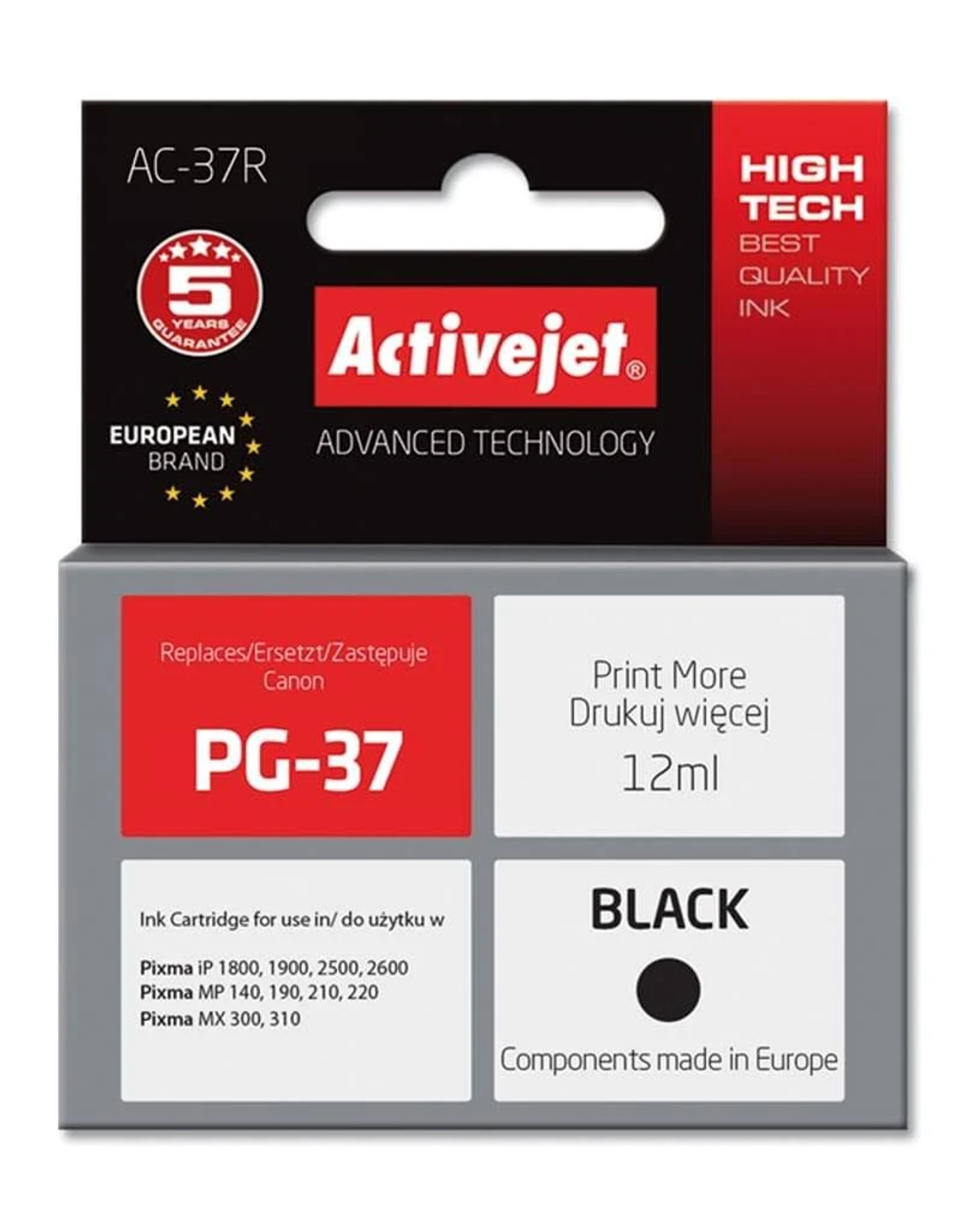 Pudełko z czarnym wkładem Activejet AC-37R. Czarna kropla atramentu. Zastępuje Canon PG-37.