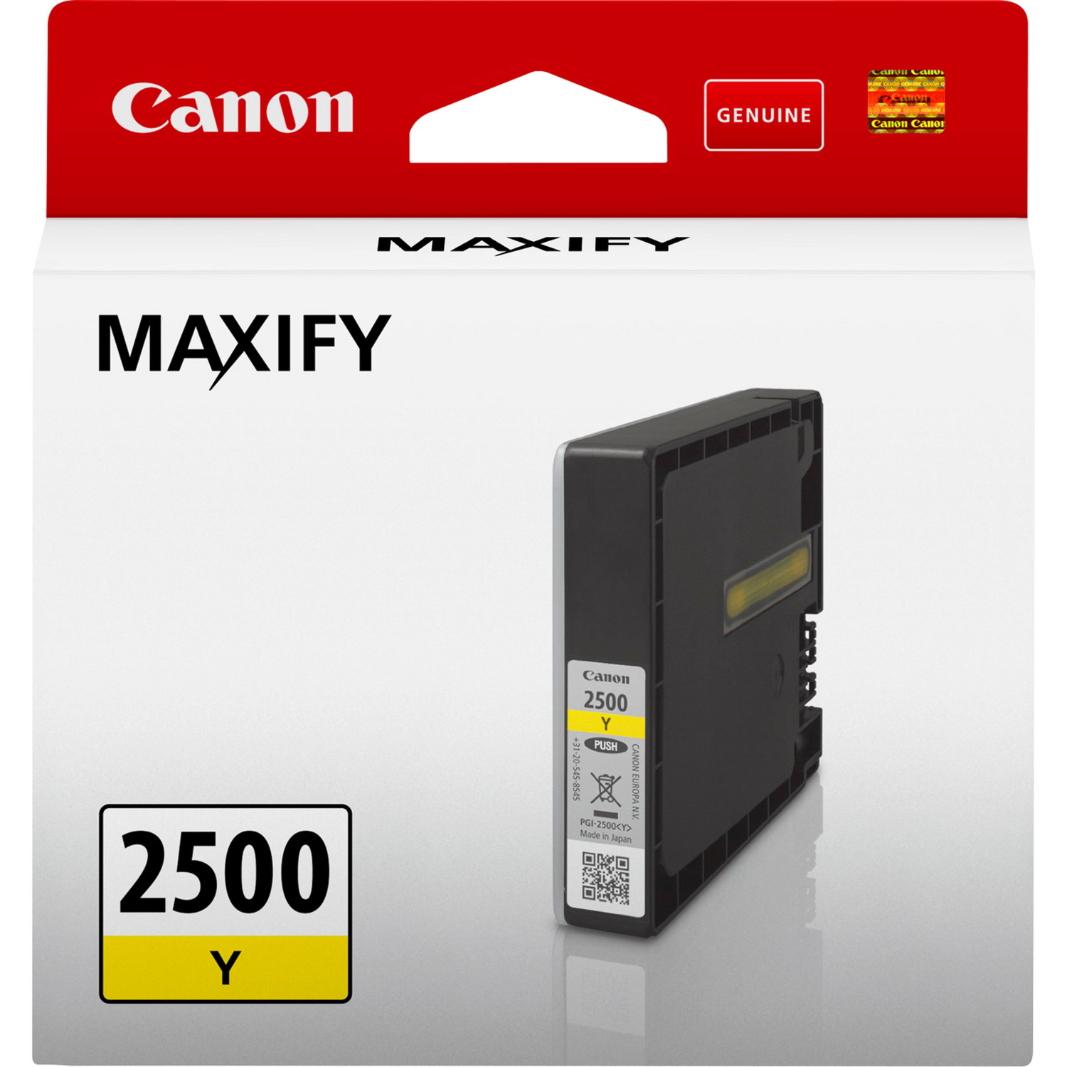 Caja de cartucho de tinta Canon MAXIFY, blanca con elementos negros y amarillos. El cartucho es amarillo. El número es 2500.