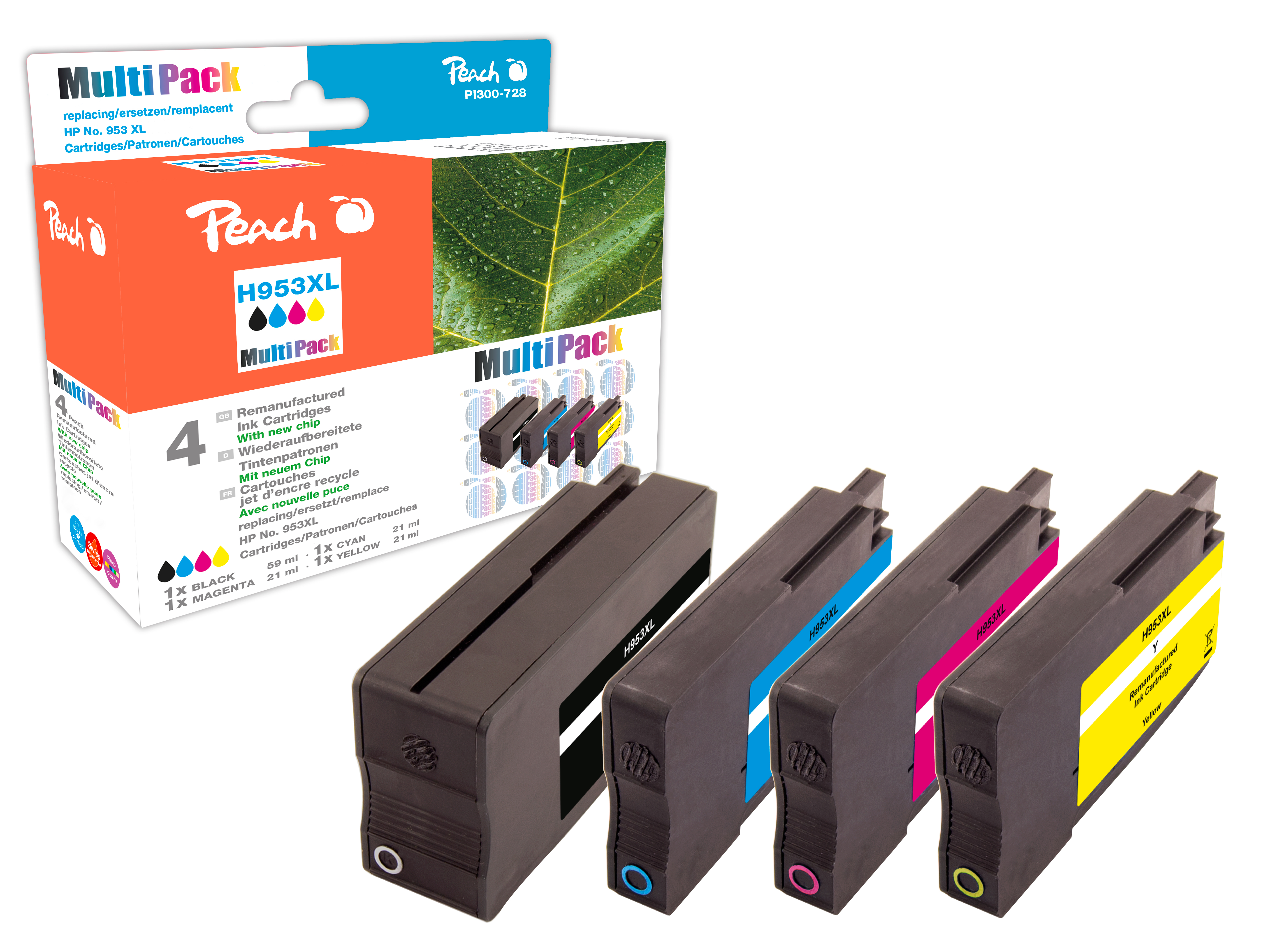 Multipack cartucce Peach, H953XL, cartucce nero, ciano, magenta, giallo e scatola.